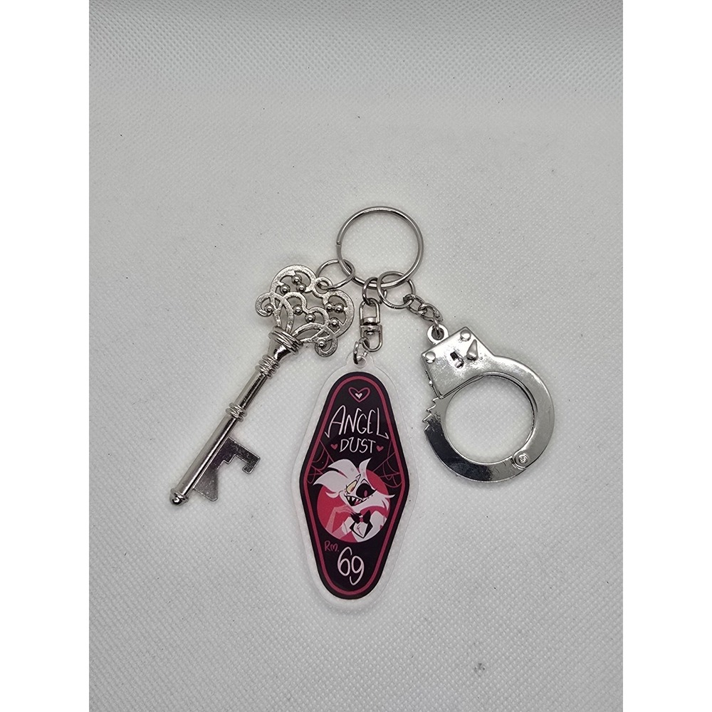 Angel Dust Hazbin Hotel Keychain,  with bottle opener key, and handcuff HANDMADE